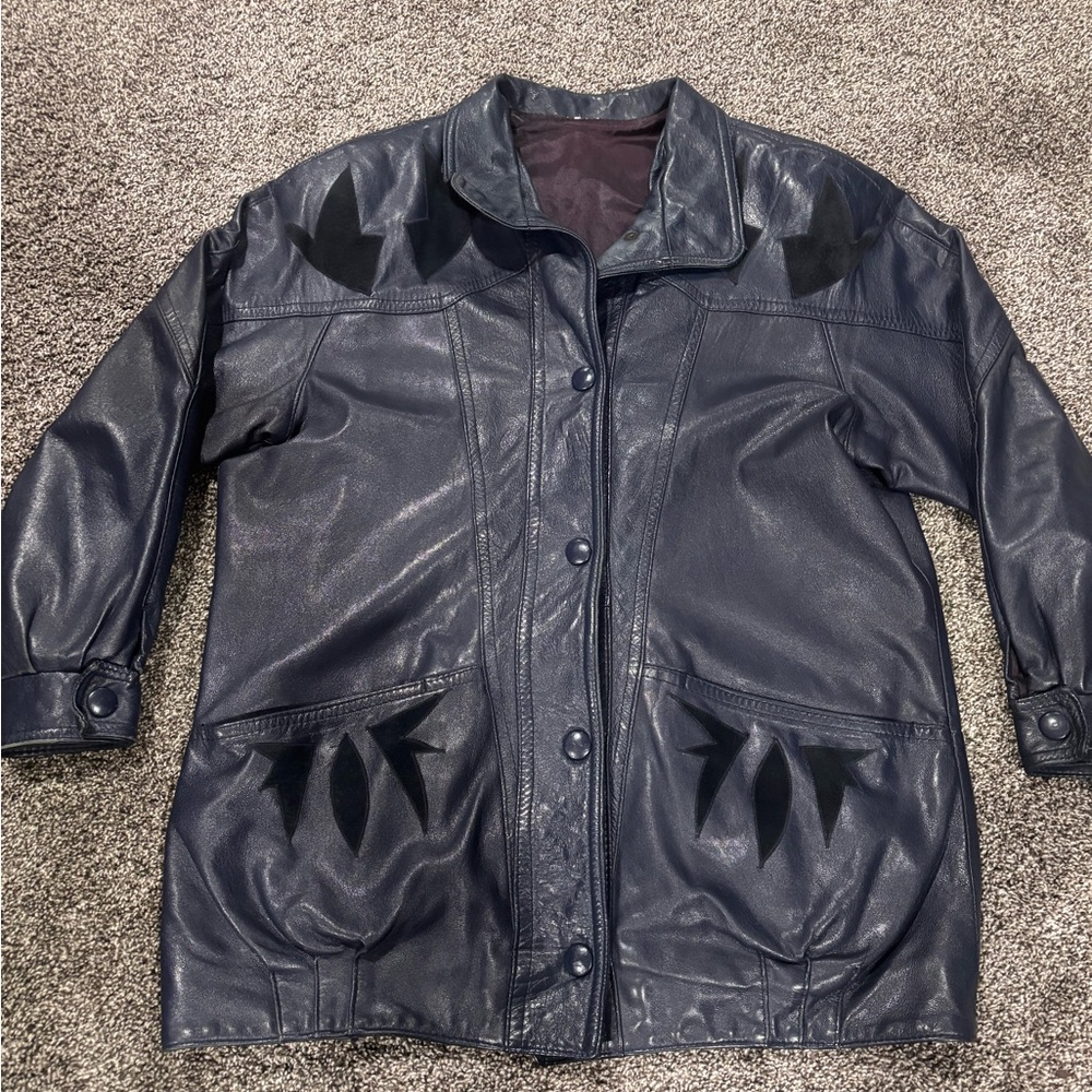 Genuine Leather Jacket in Navy with Darker Navy / Black Suede accents